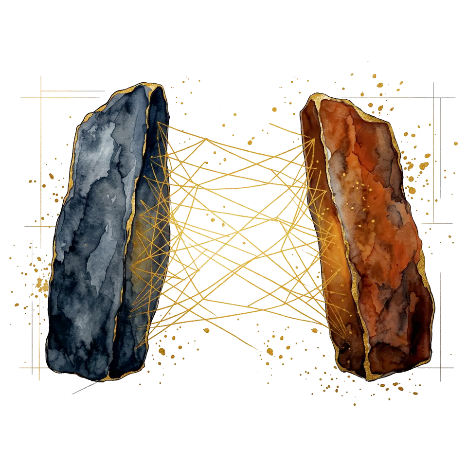 Two facing watercolor stones, one slate blue and one terracotta, joined by fine gold lines.