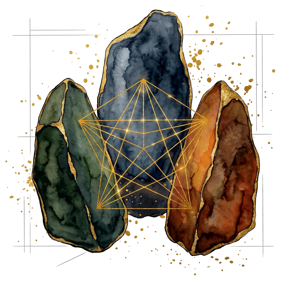 Three distinct watercolor stones connected in a shared gold figure.