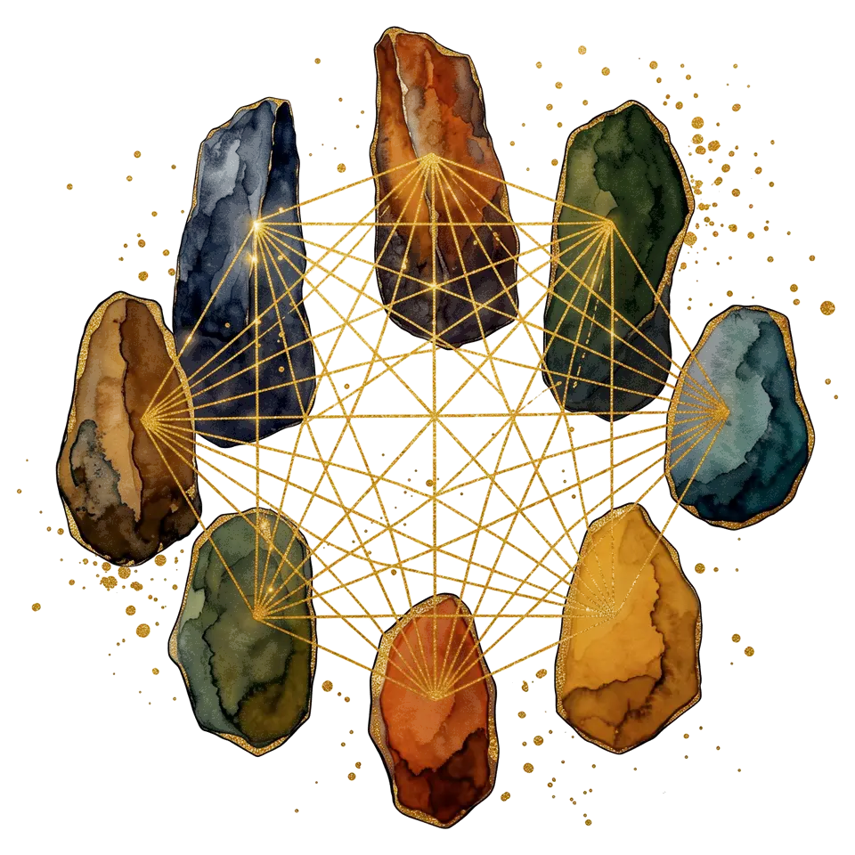 Different watercolor stones connected by fine gold lines.