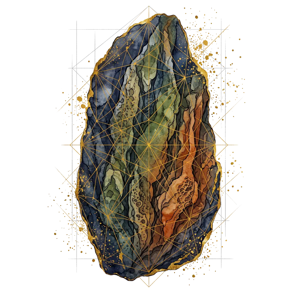 A single watercolor stone in layered bands of slate blue, green and terracotta, crossed by fine gold lines.