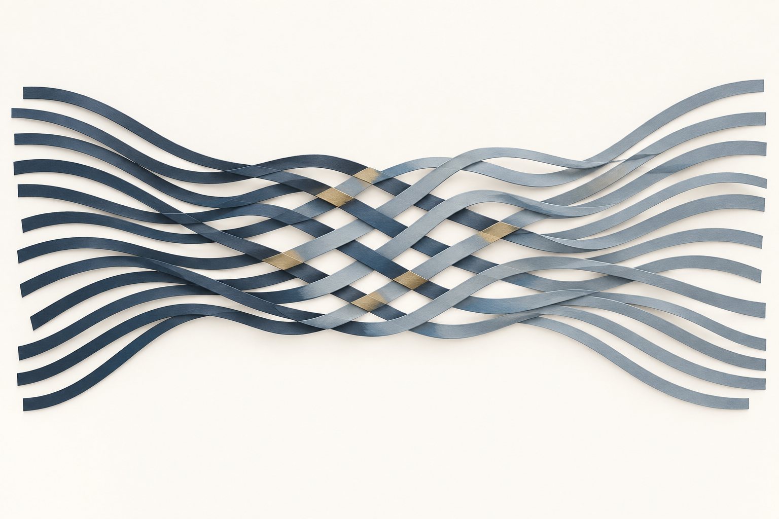 Two sets of ribbons, one ink and one slate, woven into a single pattern, with touches of gold where they cross
